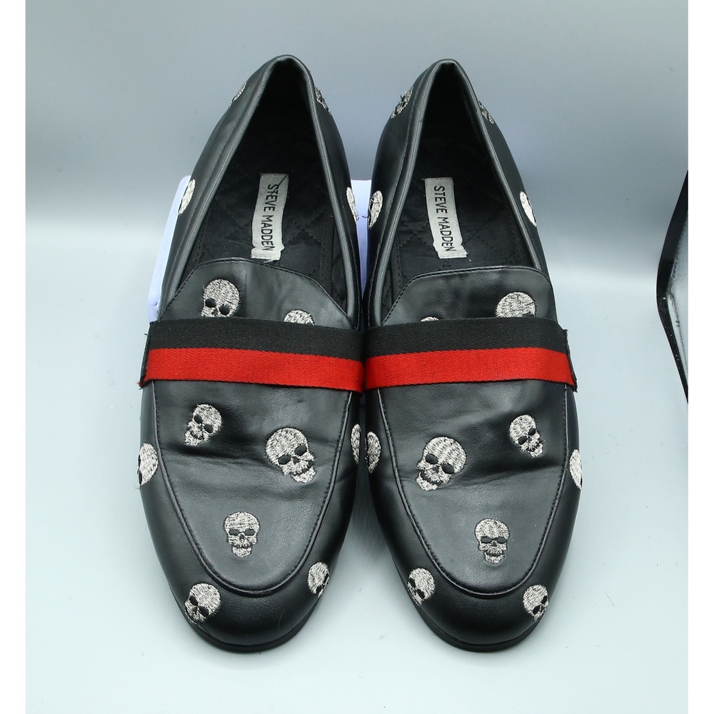 Steve Madden Requiem Mens Black Skull Embroidered Loafers Red Stripe  11.5M